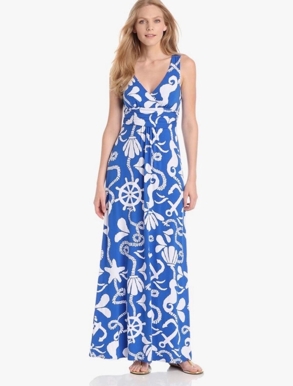 Lilly Pulitzer Sloane Nautical Boat Coastal Blue White Maxi Dress Size M
